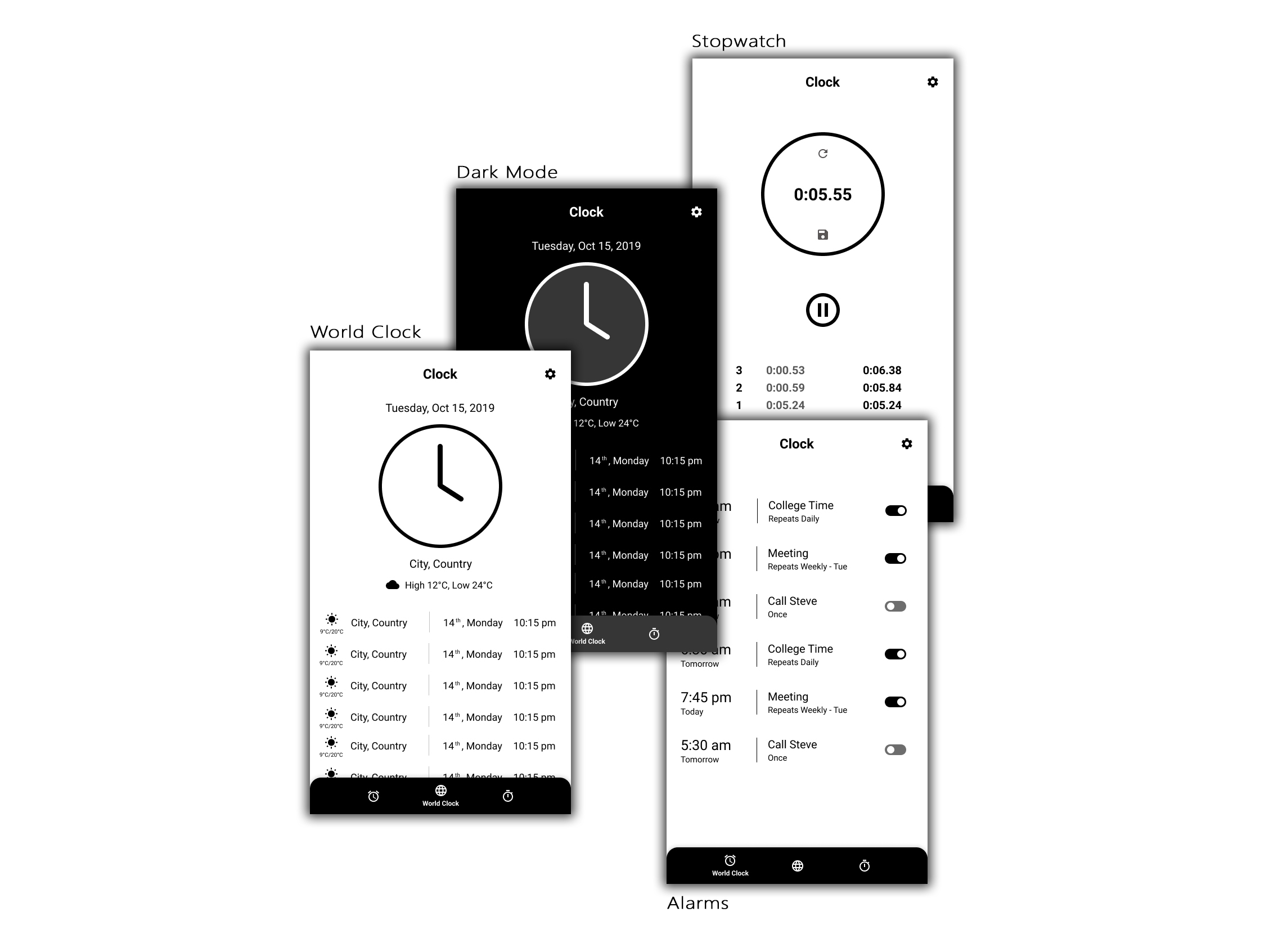 Clock UI Screens